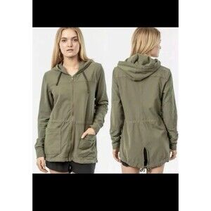 James Perse Hoodie Women’s 3 Green Full Zip Anorak Drop Pockets Cinch Waist Ws